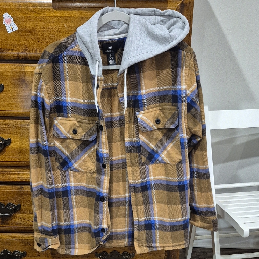 H&M Brown and Blue Plaid Hooded Jacket